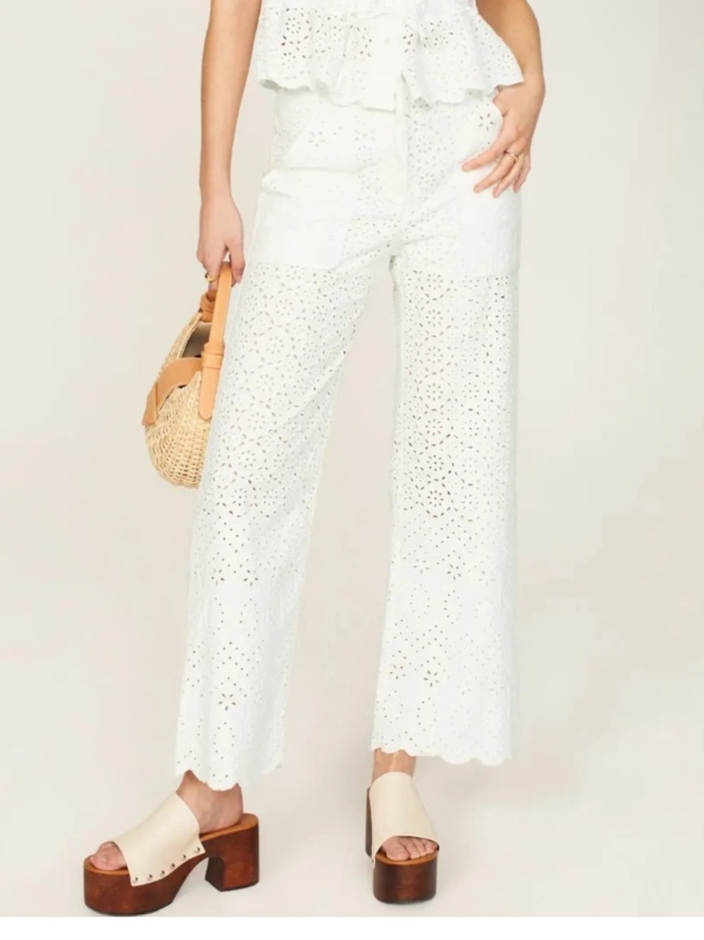 Veronica Beard Size 0 Riggs Pants White Broderie Anglaise Cotton Scallop Hem